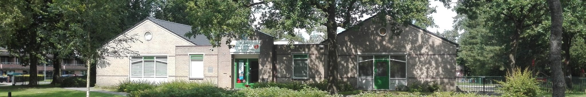 Het dorpshuis van Peize gezien vanaf de straat, met bomen ervoor